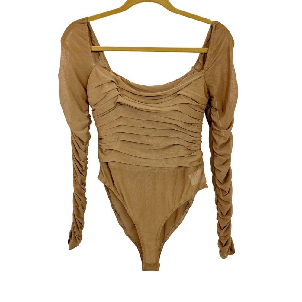 Princess Polly Delaney Bodysuit Brown Mesh Ruched Long Sleeve‎ - Size 8